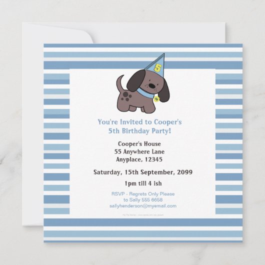 Puppy 5th Birthday Party boys Blue Custom Invite Kaart (Achterkant)