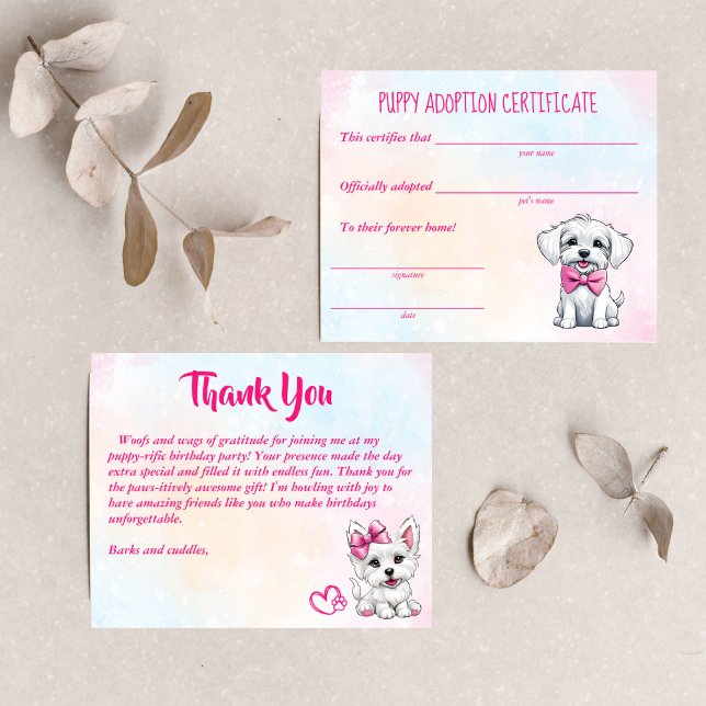 Puppy adoptiecertificaat schattig wit roze puppies (Puppy adoption certificate cute white pink puppies dog themed birthday party)