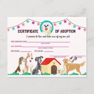 Puppy Adoption Certificaat voor een huisdier Uitnodiging Briefkaart