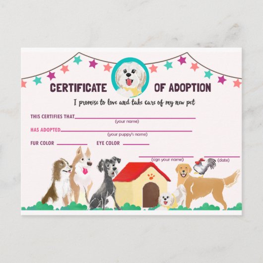 Puppy Adoption Certificaat voor een huisdier Uitnodiging Briefkaart (Voorkant)
