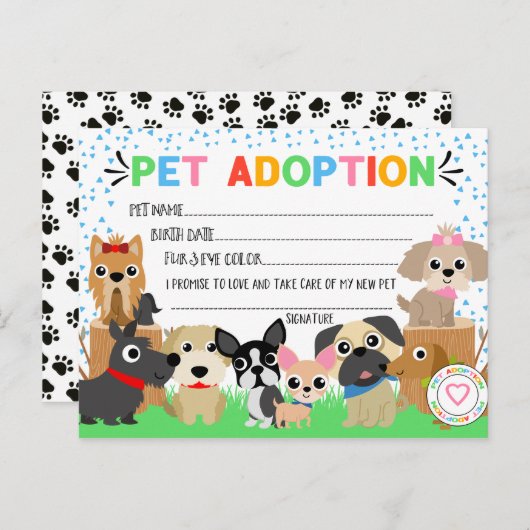 Puppy Adoption Certificate for a Pet Adoption Uitnodiging Briefkaart (Voorkant / Achterkant)
