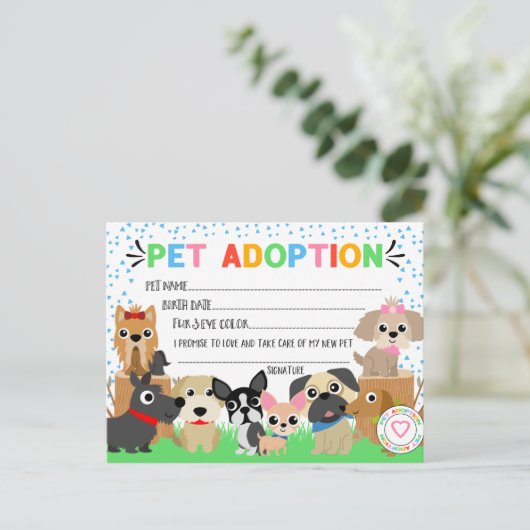 Puppy Adoption Certificate for a Pet Adoption Uitnodiging Briefkaart (Staand voorkant)