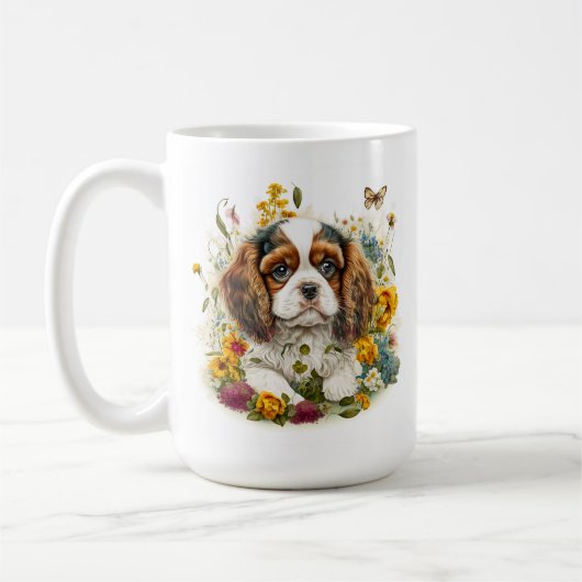 Puppy and Flowers Cavalier King Charles Spaniel #4 Koffiemok (Links)