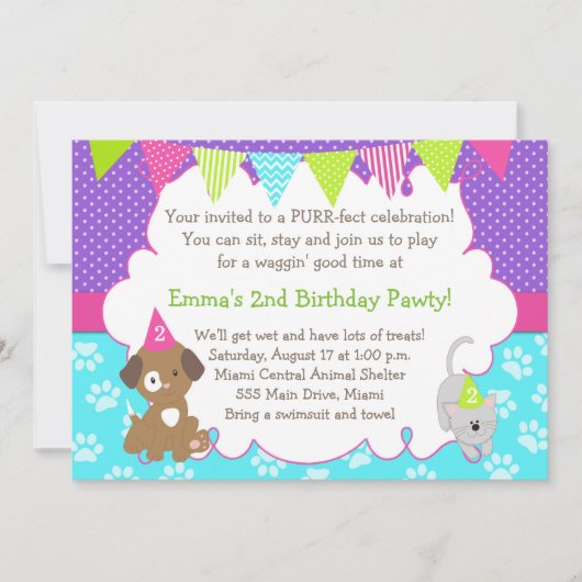 Puppy and Kitten Invitation Girl Birthday Party Kaart (Voorkant)