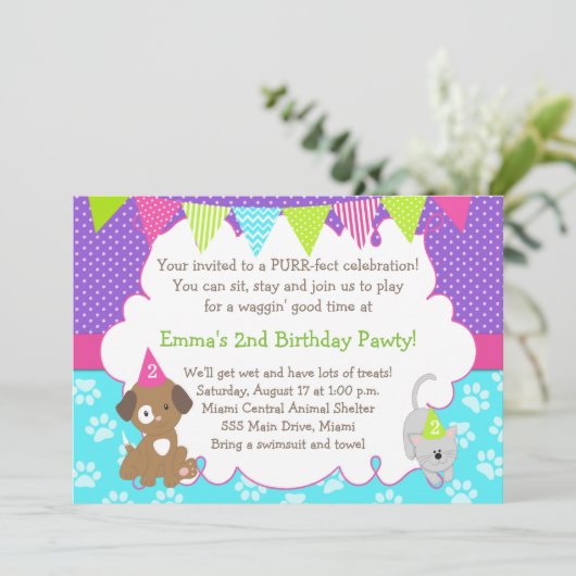 Puppy and Kitten Invitation Girl Birthday Party Kaart (Staand voorkant)