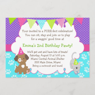 Puppy and Kitten Invitation Girl Birthday Party Kaart