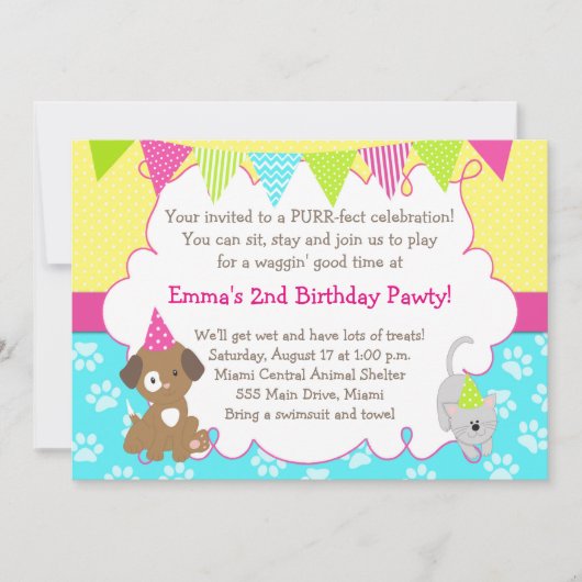 Puppy and Kitten Invitation Girl Birthday Party Kaart (Voorkant)