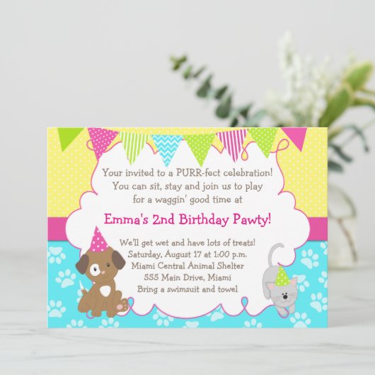 Puppy and Kitten Invitation Girl Birthday Party Kaart (Staand voorkant)