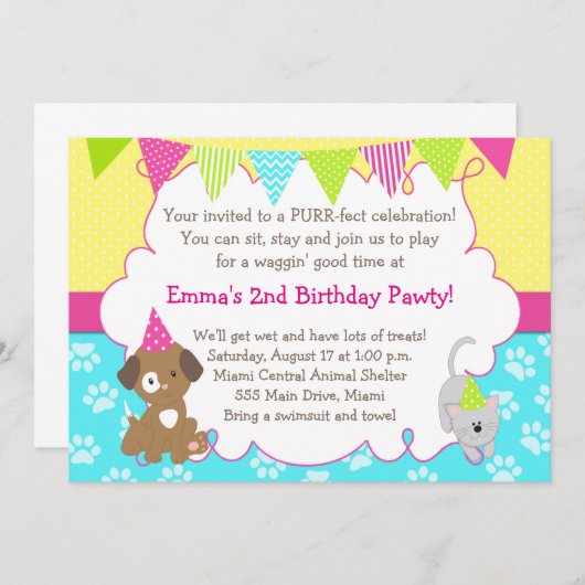 Puppy and Kitten Invitation Girl Birthday Party Kaart (Voorkant / Achterkant)