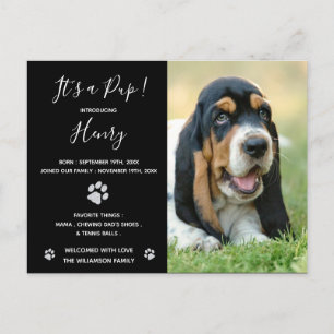 Puppy Announcement Black Elegant Modern Glitter Briefkaart