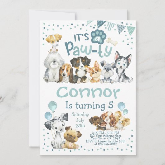 Puppy Birthday Invitation, Dog Birthday Party Kaart (Voorkant)