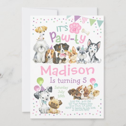 Puppy Birthday Invitation, Dog Birthday Party Kaart (Voorkant)