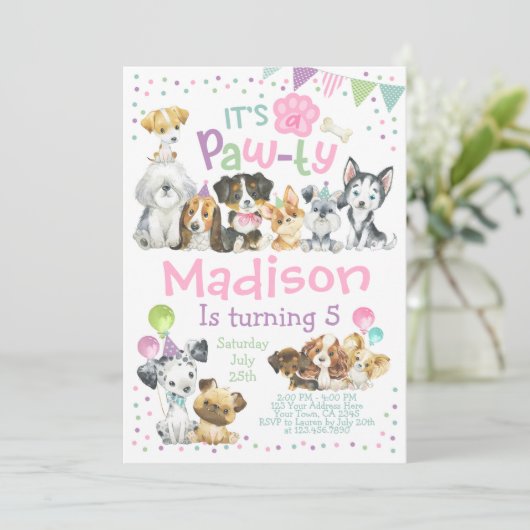Puppy Birthday Invitation, Dog Birthday Party Kaart (Staand voorkant)