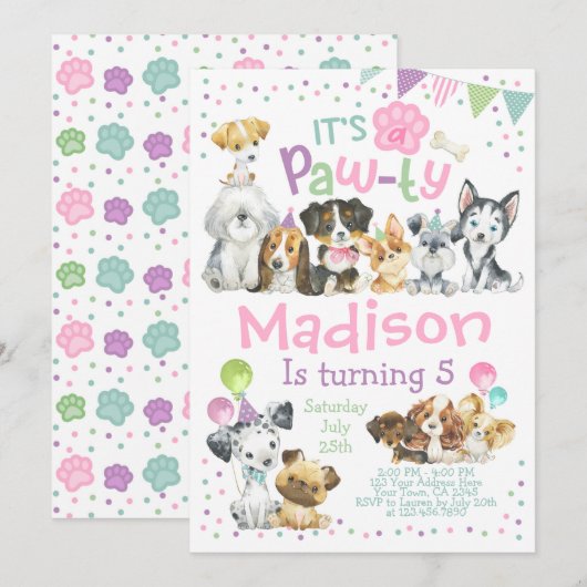 Puppy Birthday Invitation, Dog Birthday Party Kaart (Voorkant / Achterkant)