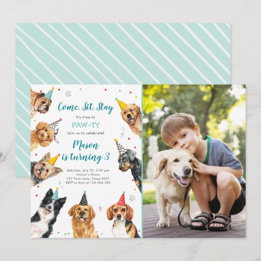 Puppy Birthday Invitation Dog Party Pawty Boy Kaart (Voorkant / Achterkant)