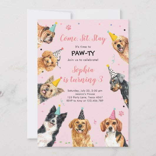 Puppy Birthday Invitation Dog Party Pawty Girl Kaart (Voorkant)