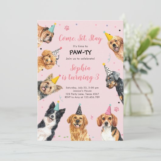 Puppy Birthday Invitation Dog Party Pawty Girl Kaart (Staand voorkant)
