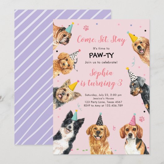 Puppy Birthday Invitation Dog Party Pawty Girl Kaart (Voorkant / Achterkant)