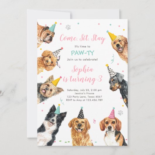 Puppy Birthday Invitation Dog Party Pawty Girl Kaart (Voorkant)