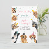 Puppy Birthday Invitation Dog Party Pawty Girl Kaart (Staand voorkant)