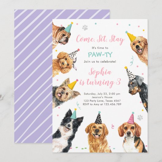 Puppy Birthday Invitation Dog Party Pawty Girl Kaart (Voorkant / Achterkant)