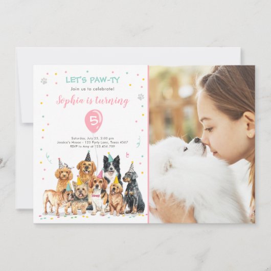 Puppy Birthday Invitation Dog Party Pawty Girl Kaart (Voorkant)