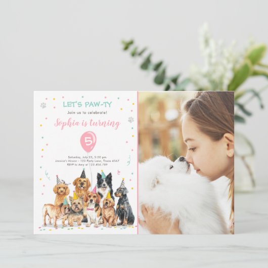 Puppy Birthday Invitation Dog Party Pawty Girl Kaart (Staand voorkant)
