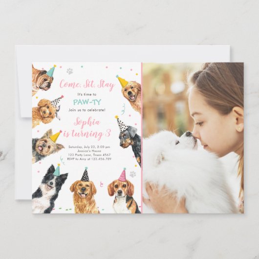 Puppy Birthday Invitation Dog Party Pawty Girl Kaart (Voorkant)