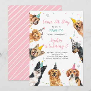 Puppy Birthday Invitation Dog Party Pawty Girl Kaart