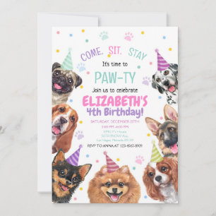 Puppy Birthday Invitation Dog Party Pawty Girl Kaart