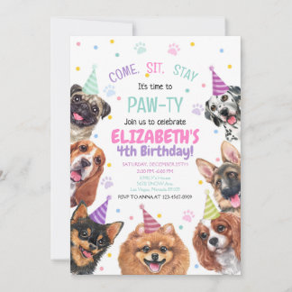 Puppy Birthday Invitation Dog Party Pawty Girl Kaart
