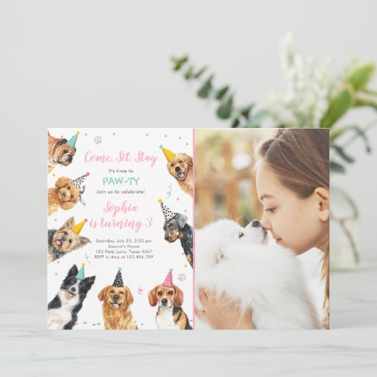 Puppy Birthday Invitation Dog Party Pawty Girl Kaart (Staand voorkant)
