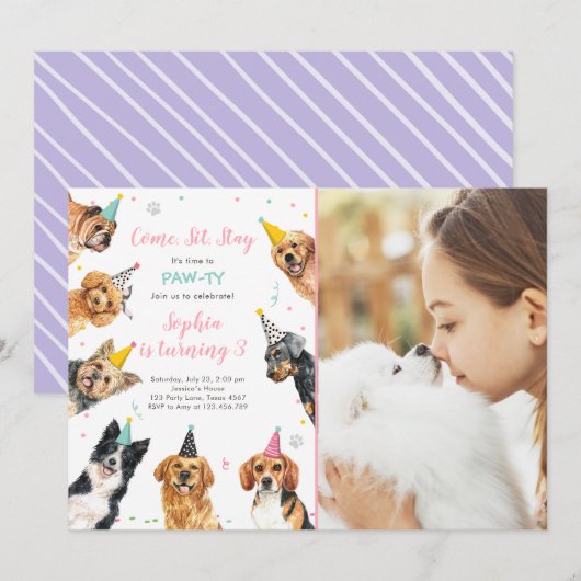 Puppy Birthday Invitation Dog Party Pawty Girl Kaart (Voorkant / Achterkant)