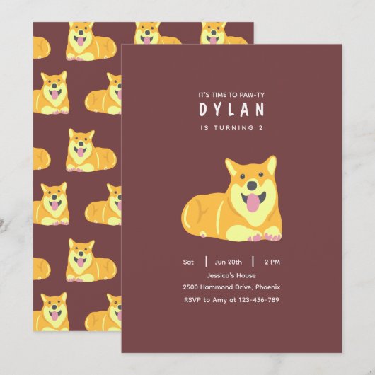 Puppy Birthday Invitation Dog Party Pawty Kaart (Voorkant / Achterkant)