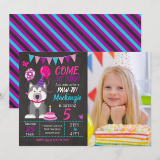 Puppy Birthday Invitation Girl Paw-ty Husky Kaart