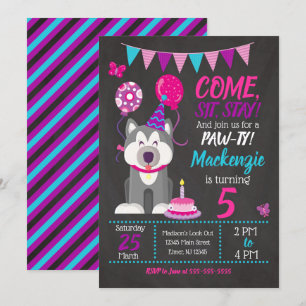 Puppy Birthday Invitation Girl Paw-ty Husky Kaart
