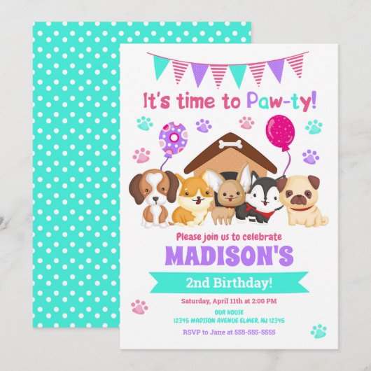 Puppy Birthday Invitation / Girl Paw-ty Kaart (Voorkant / Achterkant)