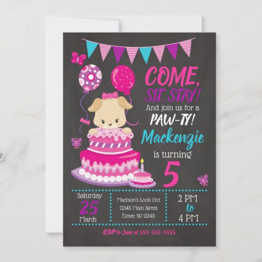 Puppy Birthday Invitation Girl Paw-ty Party Kaart (Voorkant)