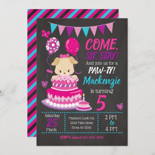 Puppy Birthday Invitation Girl Paw-ty Party Kaart (Voorkant / Achterkant)