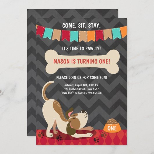 Puppy Birthday Invitation Paw-ty Puppy Party Kaart (Voorkant / Achterkant)