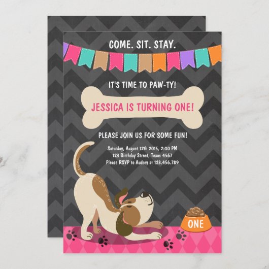 Puppy Birthday Invitation Paw-ty Puppy Party Kaart (Voorkant / Achterkant)