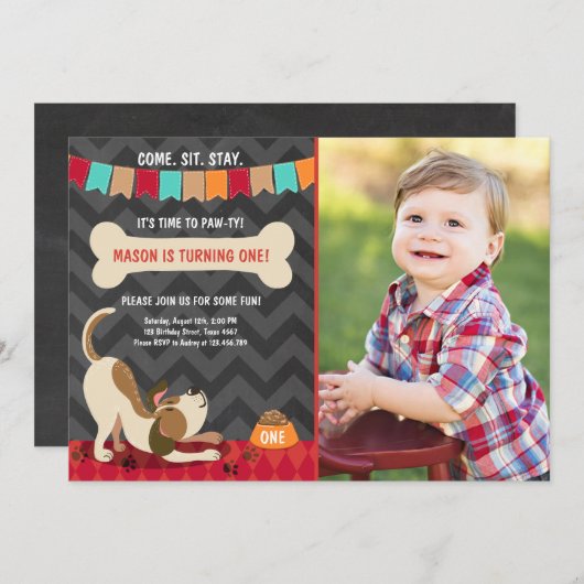 Puppy Birthday Invitation Paw-ty Puppy Party Kaart (Voorkant / Achterkant)