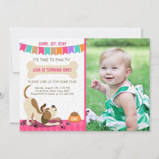 Puppy Birthday Invitation Paw-ty Puppy Party Kaart (Voorkant)