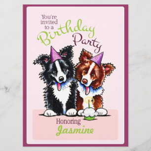 Puppy Birthday Party Border Collies Girl Paars Kaart