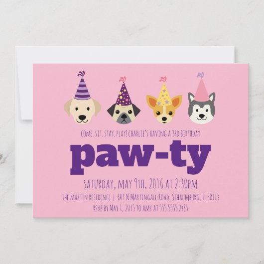 Puppy Birthday Party Invitation, Girls Dog Invite Kaart (Voorkant)