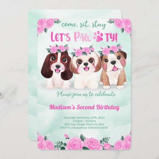 Puppy Birthday Uitnodiging (Voorkant / Achterkant)