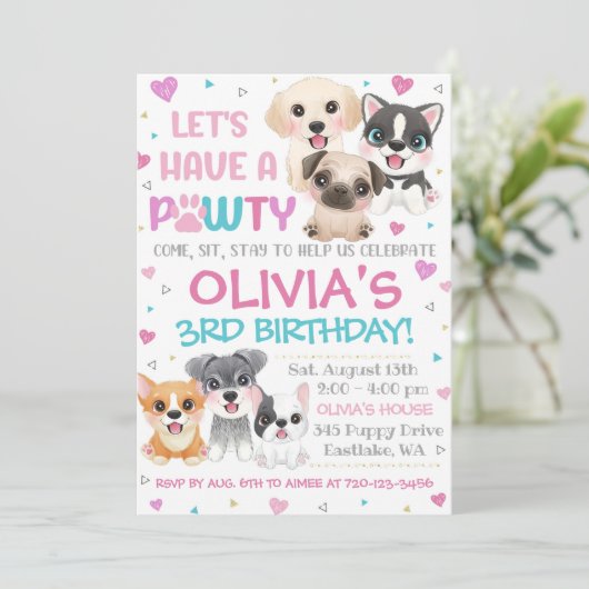 Puppy Birthday Uitnodiging | Puppy Pawty Invitatio (Staand voorkant)