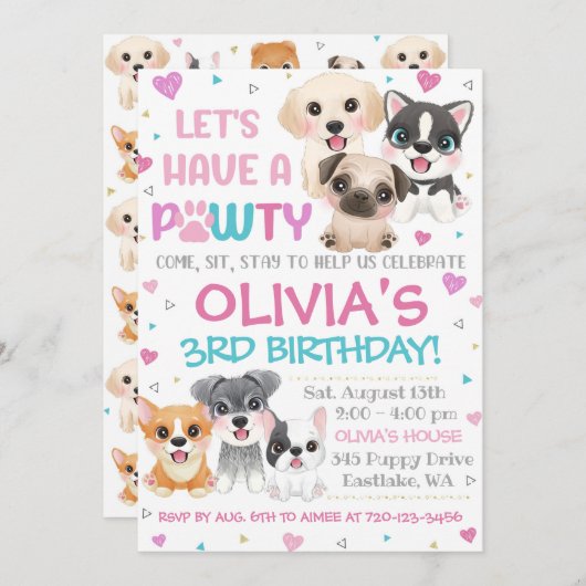 Puppy Birthday Uitnodiging | Puppy Pawty Invitatio (Voorkant / Achterkant)