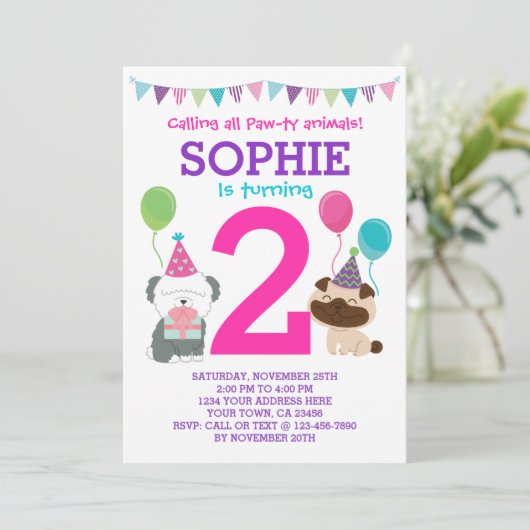 Puppy Birthday Uitnodiging voor meisjes (Staand voorkant)