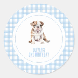 Puppy bulldog preppy plaid birthday ronde sticker